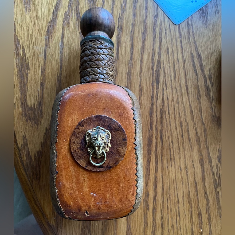 Vintage Genuine Leather Wrapped Glass Decanter Bottle Made in Italy